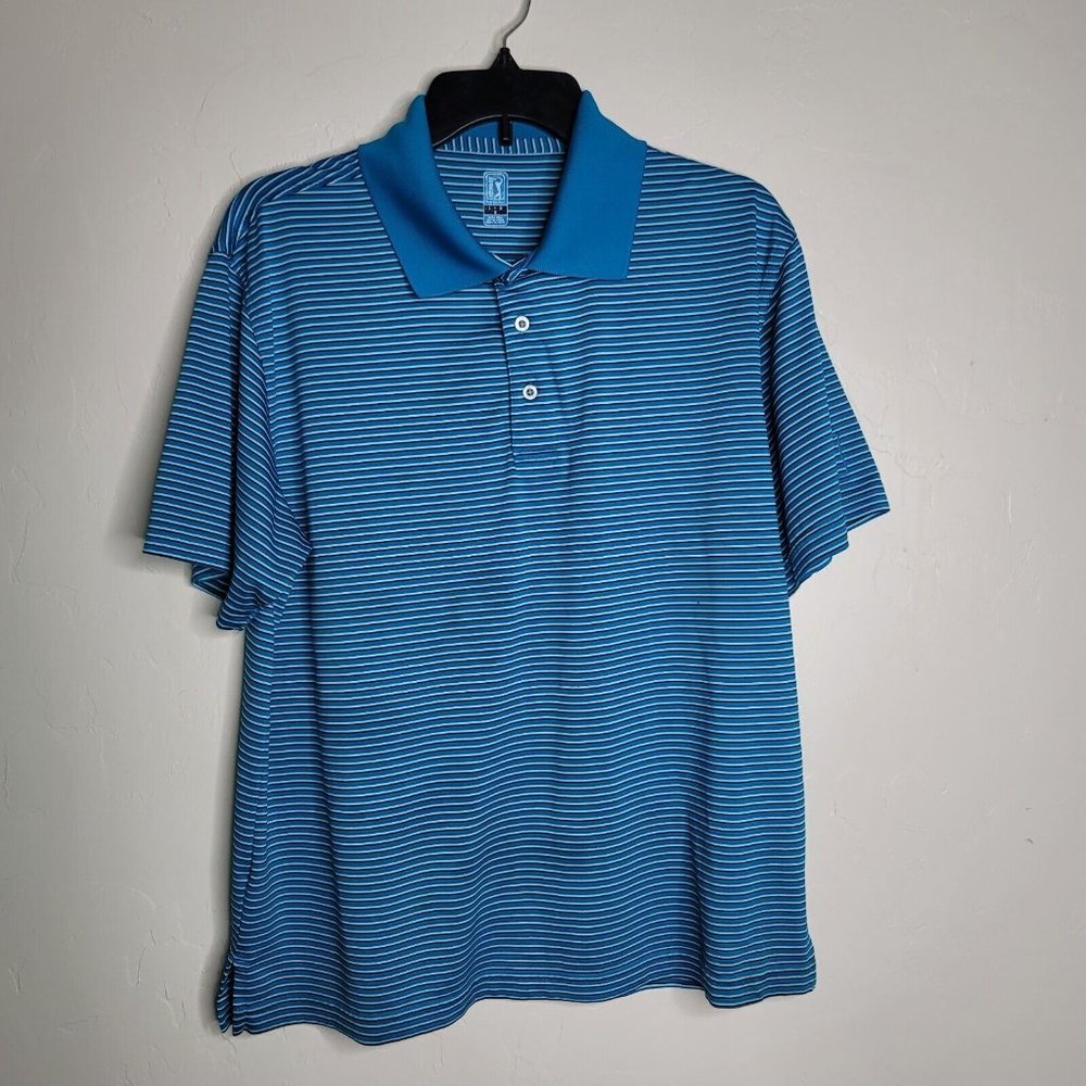 PGA Tour Polo Shirt Adult L Blue Stripe Polyester Golf Men